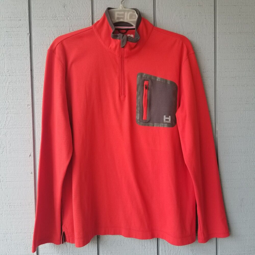 Tommy Hilfiger Pullover Mens Large Red 1/4 Zip Jacket Zippered Pocket Mock Neck